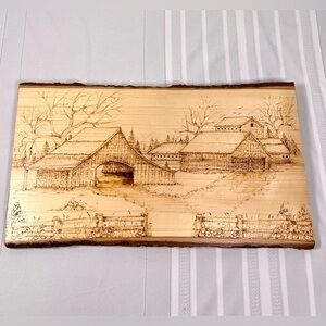 Wood Burned Barn Scene on Live Edge Wood Slab Signed Rustic Farmhouse Wall Hang